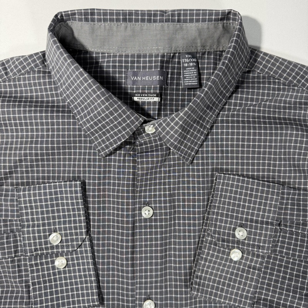 Van Heusen‎ Never Tuck Regular Fit Men's Dress Shirt Gray Plaid Long Sleeve XXL